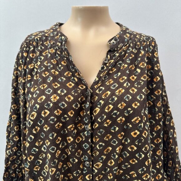 Anthropologie Boho Flowy Button-Down Tunic Blouse Cotton Brown Yellow Pattern S - Picture 11 of 11